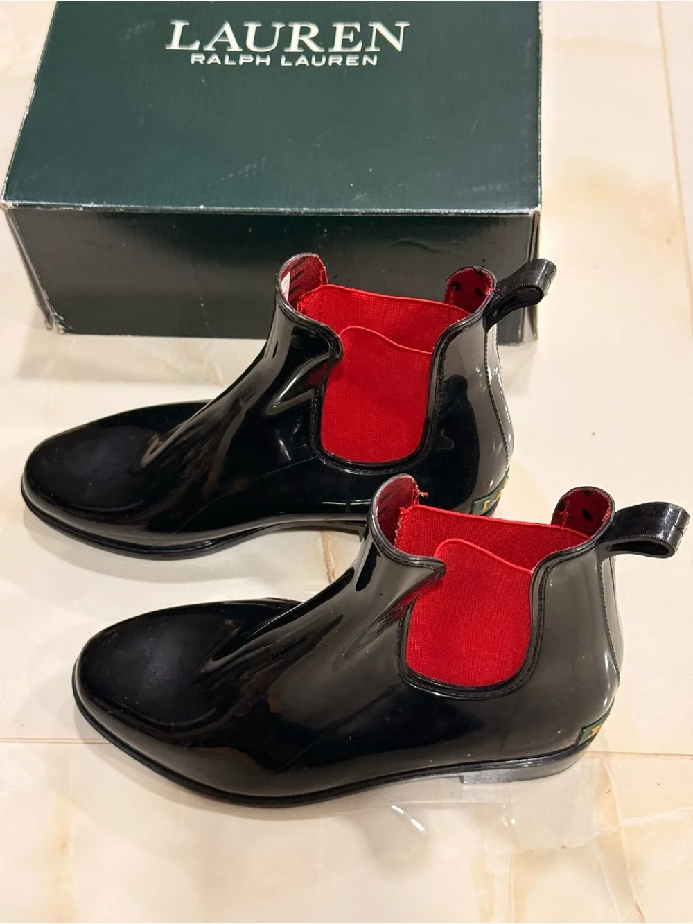 Polo by Ralph Lauren Black Patent Chelsea Boots with Red Elastic